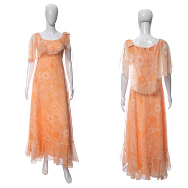1970's Peach Floral Printed Chiffon Gown Size S
