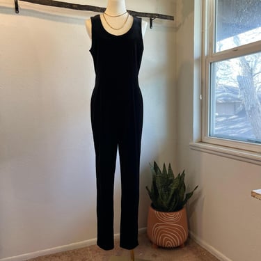DJ Summers USA Made Vintage Black Velvet Sleeveles One Piece Bodysuit Size 8 