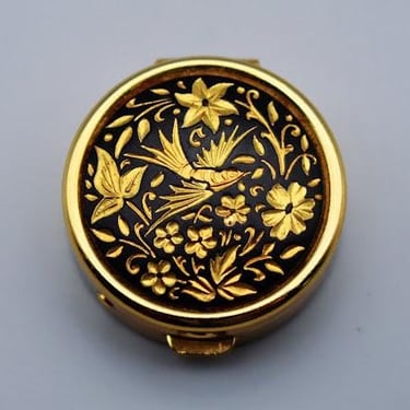 80's Toledo Damascene bird & flowers pill box, 24k gold inlaid steel on gold plate trinket box 