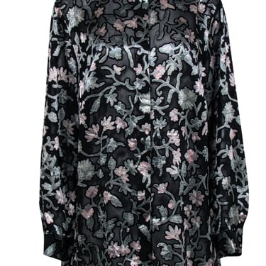 Lafayette 148 - Sheer Black Button Down Blouse w/ Velvet Floral Print Sz XL