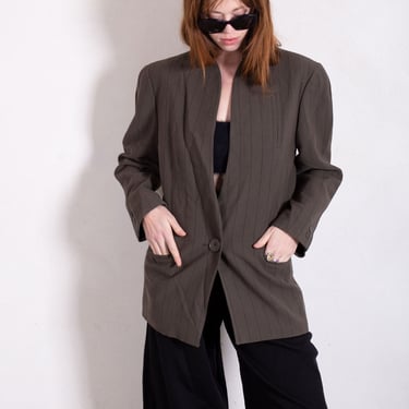 Vintage KRIZIA 1980s Gray Wool Pinstriped Menswear Style Blazer S M L Made in Italy Oversized Minimal 80s Designer 