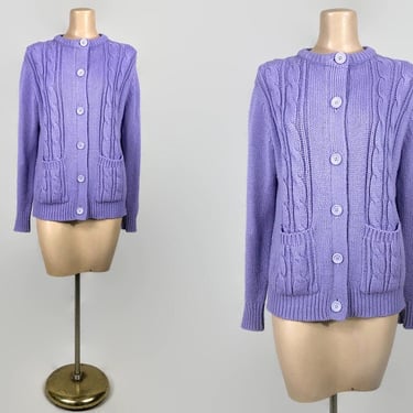 VINTAGE 70s Lavender Purple Cable Knit Cardigan Sweater With Pockets | 1970s Grandma Sweater | 100% Acrylic Size L | VFG 