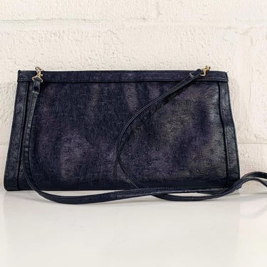 Vintage Navy Crossbody Bag Blue Faux Leather Purse Handbag Minimalist Flap Brass Ostrich 1990s 90s 