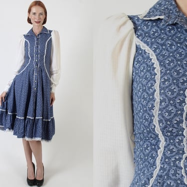 Blue Calico Gunne Sax Dress, White Poet Sleeves With Pockets, Vintage 70s Prairie Lace Folk Cottagecore Sundress 