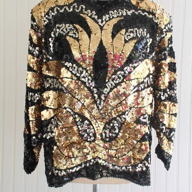 A Little Sparkle - Trophy Top - Beaded - Sequin - Black/Gold/Silver - Estimated size M/L - by Iris 