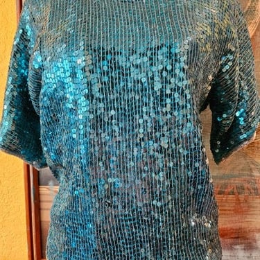 Blue Sequin Top, Vintage Teal Blouse, 80s Sequin Blouse, 80s Fashion, 80s Top, Sparkly Top, Blouse by Royal Feelings 