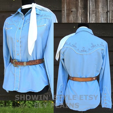 Ely Plains Women Vintage Western Shirt Medium Blue Embroidered Rodeo Queen Blouse Cowgirl Top, Size 9-10, Small (see meas. photo) 