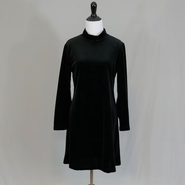 90s Black Velour Dress - Knit w/ some stretch - Stripe Texture, Long Sleeves, Mock Neck - Studio Ease - Vintage 1990s - M Petite 