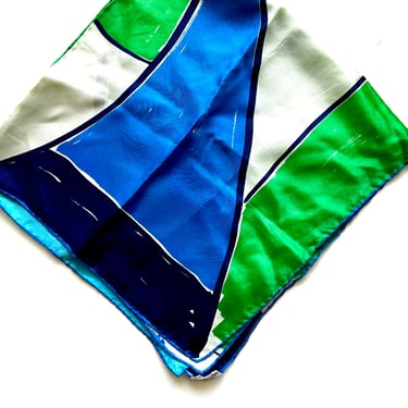 Vintage 60s 70s Vera Neumann Silk Scarf 1960s Mod Striped Green Blue White Hair Accessories 