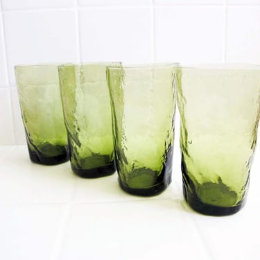 Vintage Olive Green Crinkle Glass Tumblers Set of 4 - Wrinkle Textured Water Glass Cocktail Barware - Housewarming Gift - Dinner Party 