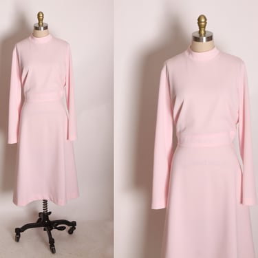 1970s Light Pink Polyester Bracelet Sleeve Below the Knee Dress by Empress of Dallas -L 