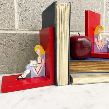 Vintage Bookends Retro 1970s Alice in Wonderland + Handmade + Wood + Book Organization and Storage + Accent Home and Shelving Decor 