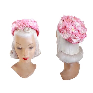 1960s Pink Flower Garden Hat - 1960s Garden Hat - Vintage Pink Flower Pillbox Hat - 1960s Pink Hat - Mid Century Pink Hat - Pink Flower Hat 