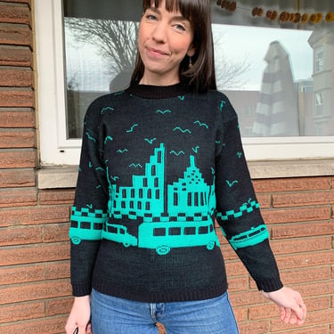 80s teal city knit sweater 