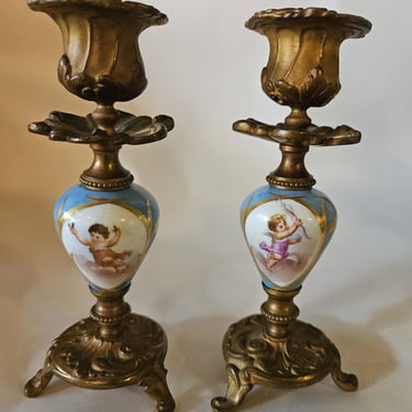 Pair of French Antique Sevres Candle Holders Candlesticks 