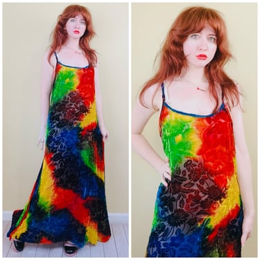 1990s VIntage Bamboo Silks Tie Dye Maxi Dress / 90s Silk Velvet Burnout Rainbow Gown / Size Small - Large 