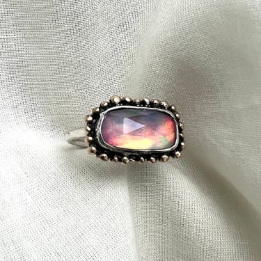 Aurora Opal Ring in Recycled 14k Yellow Gold and Sterling Silver Handmade Statement Ring Setting Pink Purple Blue Color Changing Hologram 