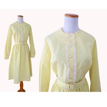 Vintage 60s Day Dress - Swiss Dot Long Sleeve Shirtwaist Dress - Spring Easter Dresses - Pastel Yellow with White Lace - Size Small 