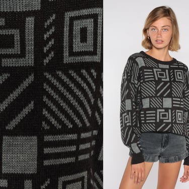 Geometric Knit Sweater 80s Grey Black Slouchy Acrylic Wool Blend Pullover 90s Grunge Retro Vintage Knitwear 1980s 1990s Jumper Small S 