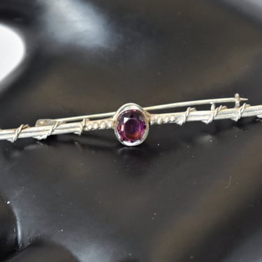 60's 800 silver amethyst barbed wire brooch, Gothic Egyptian wrapped bar c clasp pin 