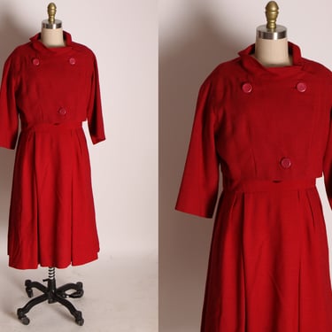 Late 1950s Dark Red 3/4 Length Sleeve Button Up Short Sleeve Over Jacket with Matching Dress by Christian Dior for Harzfeld’s -L 