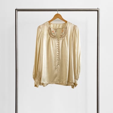 Cream Satin Blouse with Floral Detail