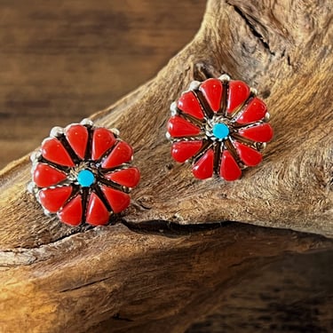 FLOWER POWER Petite Point Earrings | Navajo Petite Point Floral Design | Spiny Oyster Turquoise & Silver Jewelry 