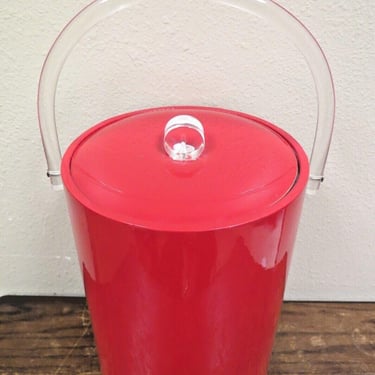 Vintage MCM Red Vinyl Ice Bucket W/ Clear Lucite Handle & Knob 11