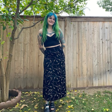 Y2K 1990’s Black and Tan Floral Stretchy Maxi Skirt 