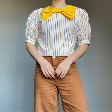 Vintage 50s Handmade Rainbow Striped Puff Sleeve Cotton Summer Blouse Sz M 