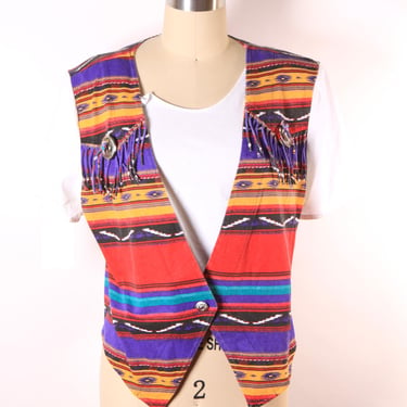 1980s Red, Purple, Yellow and Blue Southwestern Faux Vest Western Fringe Blouse by Ozark Mountain Company -M 