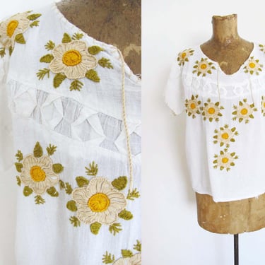 Vintage Embroidered Floral Blouse S M - Mexican White Gauze Cotton Peasant Top Yellow Tan Green Flower Embroidery - Boho Hippie Style 