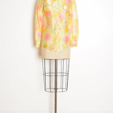 vintage 70s top yellow pink floral print disco shirt dagger pointy collar S clothing blouse 