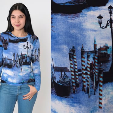 Venice Italy Shirt Y2K Nautical Gondola Canal Cityscape Top Blue T-Shirt Italian Art Graphic Tee Retro Fitted Long Sleeve Vintage 00s Small 