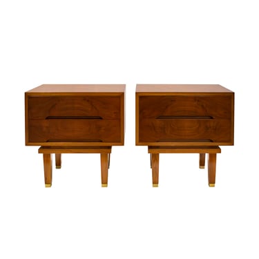 Pair of Clean Line Italian Bedside Tables in Figured Walnut  1950s