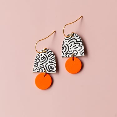 Archlet Earrings - Reclaimed Leather Statement Earrings in White + Black Squiggle w/ Neon Orange Circle 