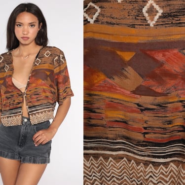 Boho Crop Top 90s Cropped Blouse Button up Short Sleeve Shirt Retro Tapestry Print Festival Summer Hippie Abstract Earth Tone 1990s Large 