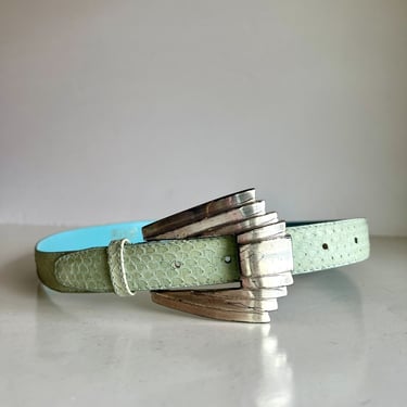 Vintage 90s Blue Genuine Snake Skin Leather Chunky Silver Buckle Belt - S 