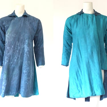 Antique Reversible Hand Dyed Jacquard Chinese Silk Cheongsam Coat with Light Padding - Frog Button Closures High Slits - XS 