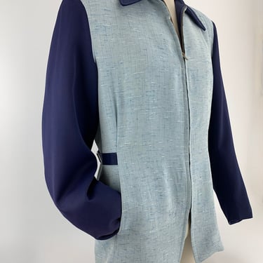 1950's 2Tone Hollywood Jacket - Navy Rayon Gabardine & Powderblue Flecked Front Panels - Slash Pockets - Satin Lining - Size Medium to Large 