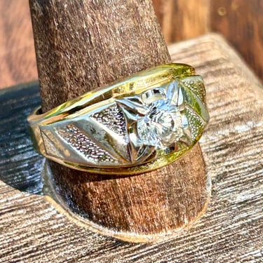 Vintage Lind Ring 14k HGE Mens Jewelry Solitaire Clear Cubic Zirconia CZ Stone Gold Electroplate 