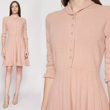 XS-S 1940s Blush Pink Knit Mini Dress | Vintage 40s Button Front 3/4 Sleeve Fit & Flare Dress 