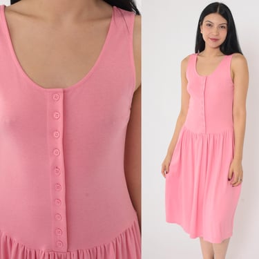 80s Pink Summer Dress Sleeveless Button Up Sundress Scoop Neck Sun Dress Midi 1980s Drop Waist Plain Jersey Dress with Pockets Small Medium 