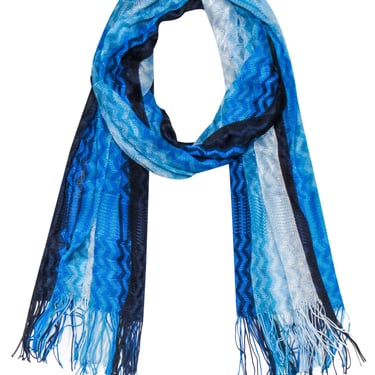 Missoni - Blue & White Ombre Chevron Knit Scarf w/ Fringe