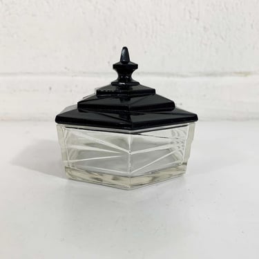 Vintage Glass Covered Candy Dish Black Clear Geometric Pattern Stasher Lidded Box Vanity 1950s 1960s 