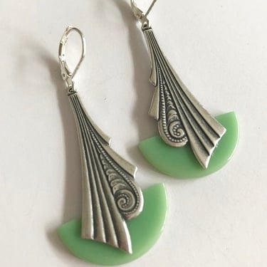 Art Deco Earrings Vintage  Eau de  Nil  Galalith & silver plated Geometric fan earrings unique jazz age modernist by BakeliteBa