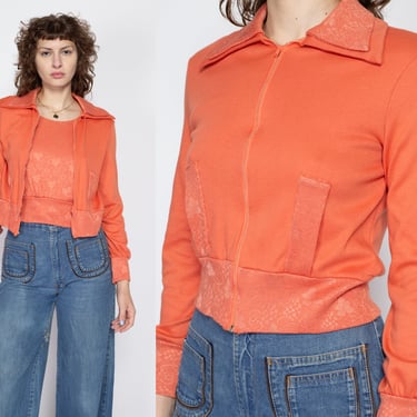 Medium 70s Peach Cropped Sweatshirt Top | Vintage Long Sleeve Floral Zip Up Crop Top Sweater Shirt 