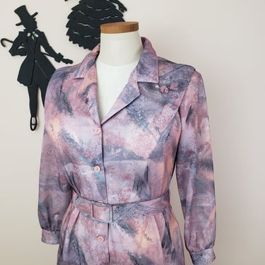 Vintage 1970's Marble Print Dress / 80s Polyester Shirtwaist Day Dress M 