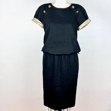 Vintage 80s David Warren Gold Black Dress / 1980s 1990s 90s Fitted Pencil Skirt / Gold Lame Shoulder Pads / Rayon Linen Small Medium 
