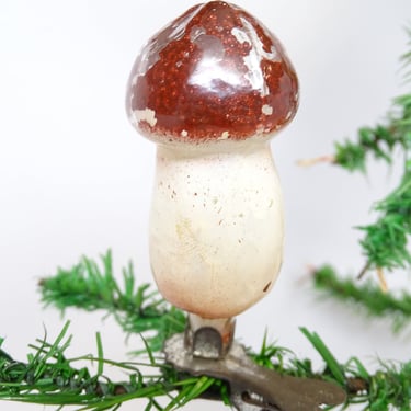 Antique Victorian Painted Glass Mushroom Clip Ornament, Vintage Feather Christmas Tree Ornament 